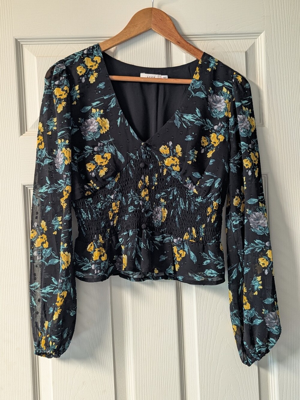 Lush Black Floral V-Neck Smocked Blouse